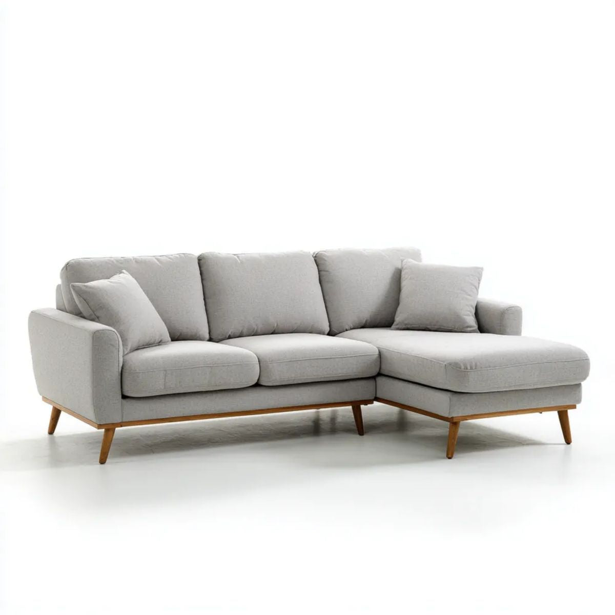 Prawostronna sofa narożna 3-osobowa szara z poliestru na nogach z litego drewna 250 x 160 x 85 cm