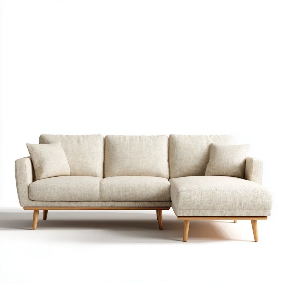 Beżowa sofa narożna w kształcie L z prawostronnym szezlongiem, tapicerka poliestrowa, 230 × 150 × 85 cm