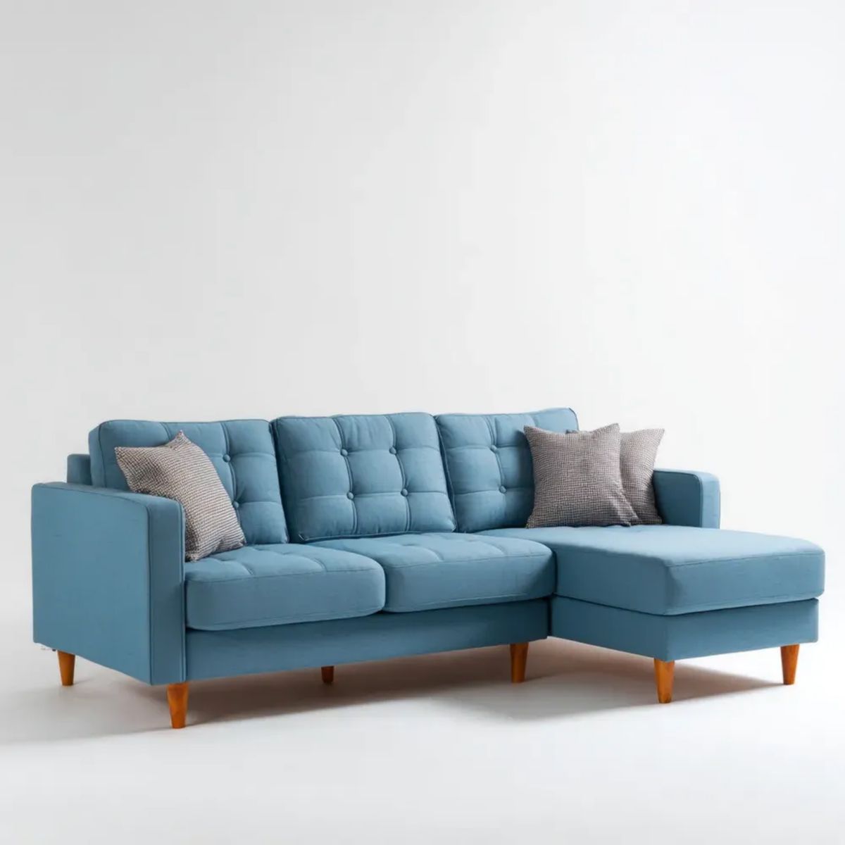 Niebieska sofa narożna z szezlongiem w kształcie L, tapicerka poliestrowa, 230 x 150 x 85 cm
