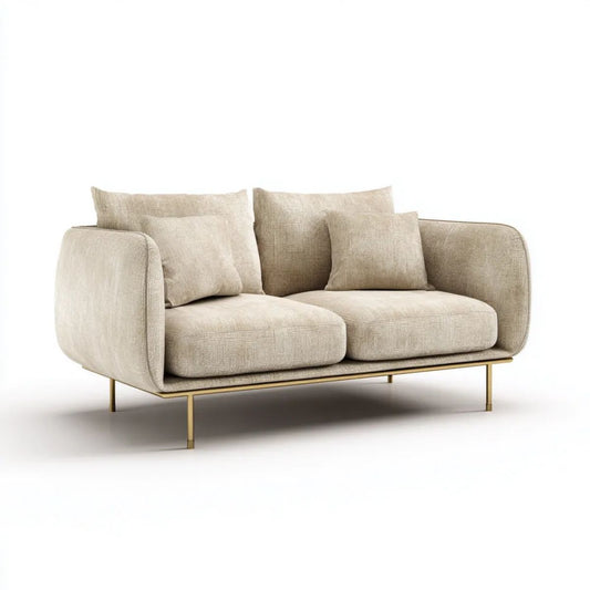 Sofa dwuosobowa beżowa z tkaniny poliestrowej na złotych stalowych nogach, 180 × 90 × 85 cm