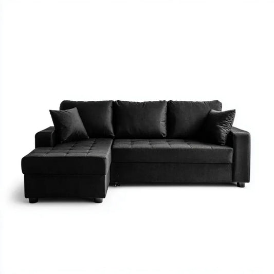 Czarna sofa narożna rozkładana lewostronna z tapicerką poliestrową 240 x 145 x 85 cm