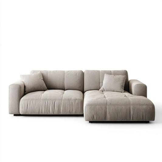 Beżowa sofa narożna z prawostronnym szezlongiem, tapicerowana tkaniną, 280 x 165 x 85 cm
