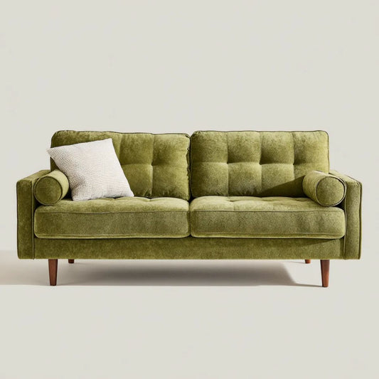 Dwuosobowa sofa aksamitna oliwkowozielona z brązowymi nogami 180 x 85 x 85 cm