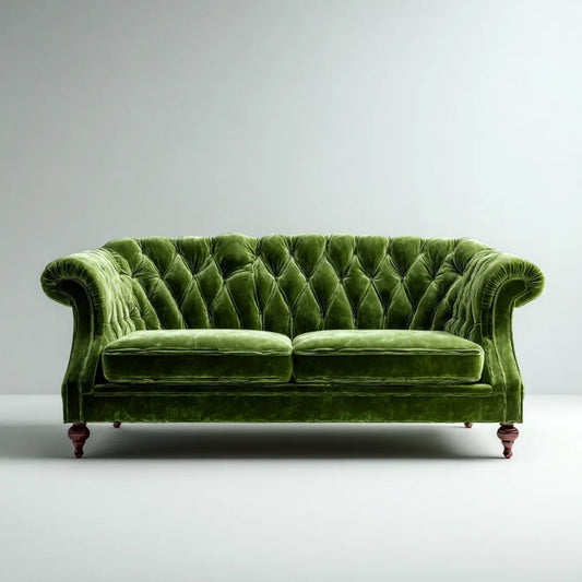 Dwuosobowa sofa Chesterfield z aksamitu, zielona z brązowymi nogami, 180 × 90 × 85 cm