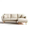 Beżowa sofa narożna w kształcie L z prawostronnym szezlongiem, tapicerka poliestrowa, 230 × 150 × 85 cm