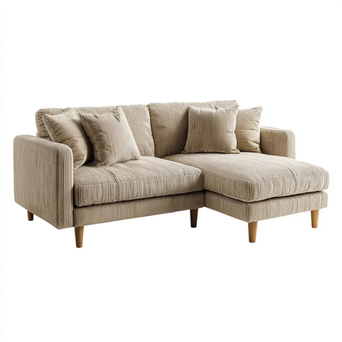 Beżowa sofa narożna z prawym szezlongiem z prążkowanego poliestru 235 × 155 × 85 cm