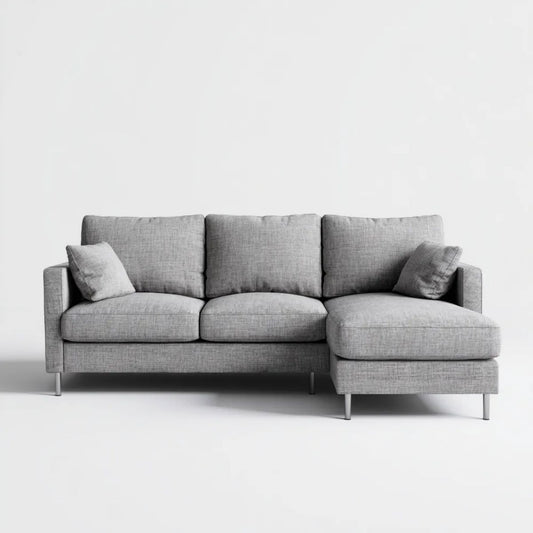 Szara sofa narożna z prawostronnym szezlongiem z tkaniny, 250 × 160 × 85 cm