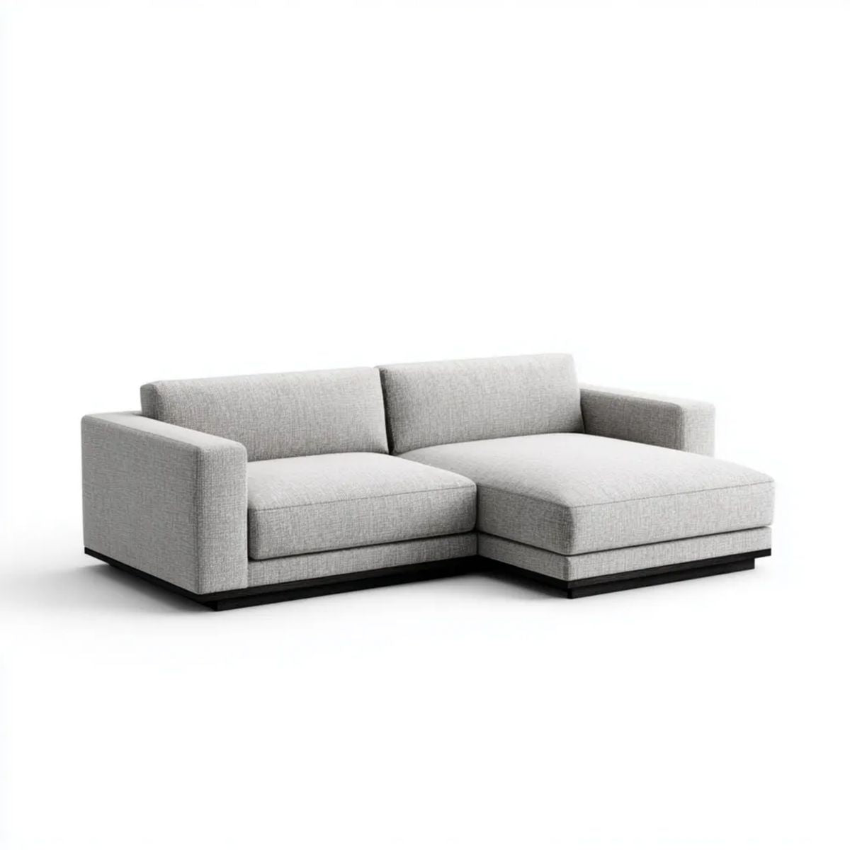 Prawostronna sofa narożna w kształcie L z poliestru, jasnoszara z czarną podstawą, 260 × 160 × 82 cm