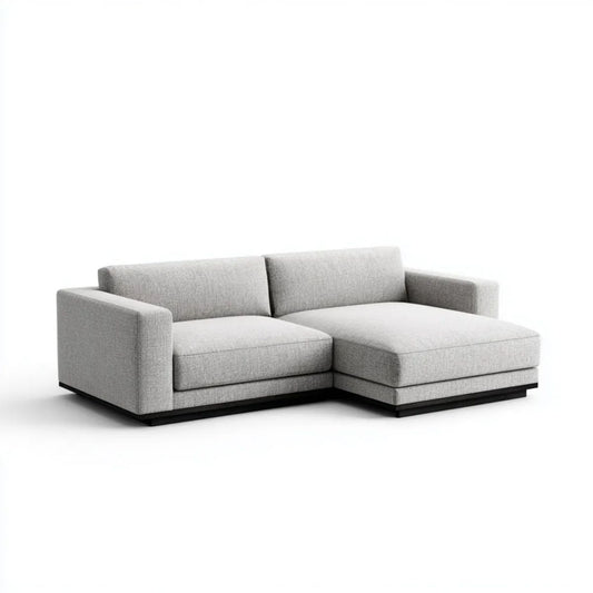 Prawostronna sofa narożna w kształcie L z poliestru, jasnoszara z czarną podstawą, 260 × 160 × 82 cm