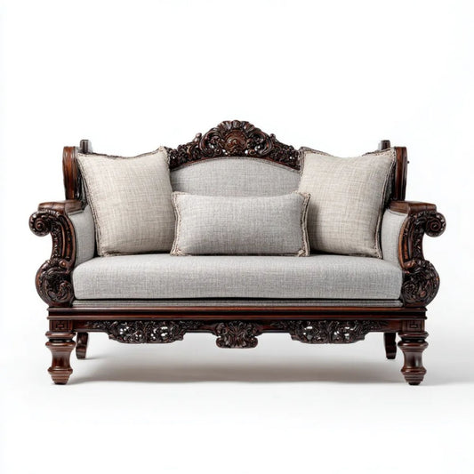 Dwuosobowa sofa klasyczna beżowo-ciemnobrązowa z tapicerką poliestrową i drewnianą ramą, 180 × 90 × 110 cm