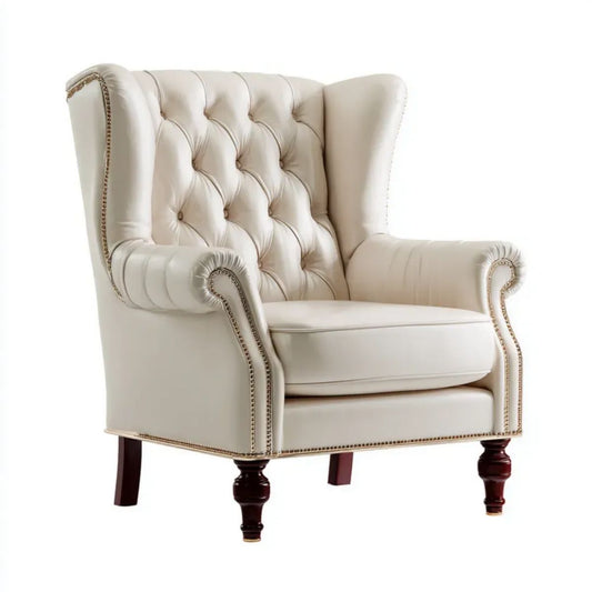 Fotel uszak Chesterfield kremowy z tapicerką z ekoskóry PU, 90 × 85 × 105 cm