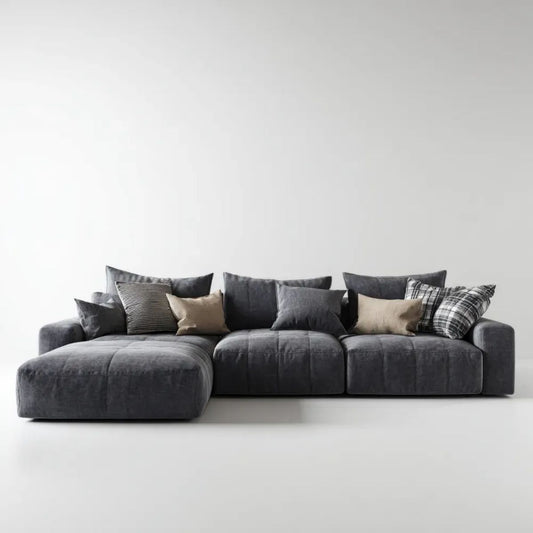 Grafitowa sofa narożna z lewostronnym szezlongiem, welurowa, 300 x 170 x 85 cm