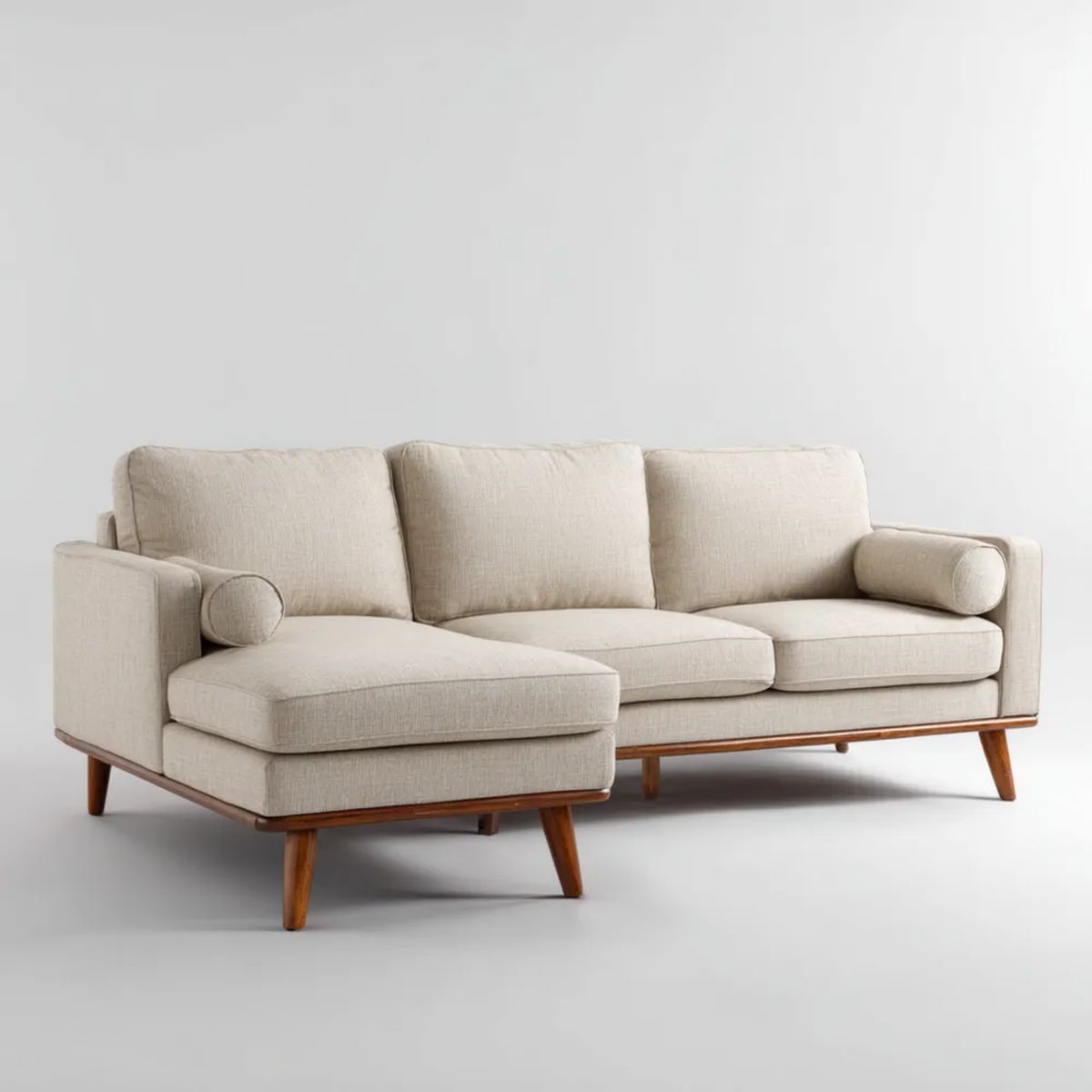 Kremowo-brązowa sofa narożna z lewostronnym szezlongiem, tapicerowana poliestrem, 260 × 160 × 85 cm