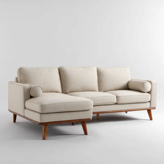 Kremowo-brązowa sofa narożna z lewostronnym szezlongiem, tapicerowana poliestrem, 260 × 160 × 85 cm